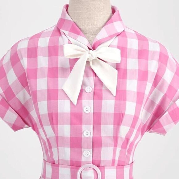 💗 NEW Pinup Retro Rockabilly 1950s Collar Bow Pink Plaid Tea Dress w/Belt XXL - Picture 10 of 16